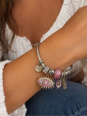 Morana Silver Tone Charm Bracelet Pink Crystal Evil Eye
